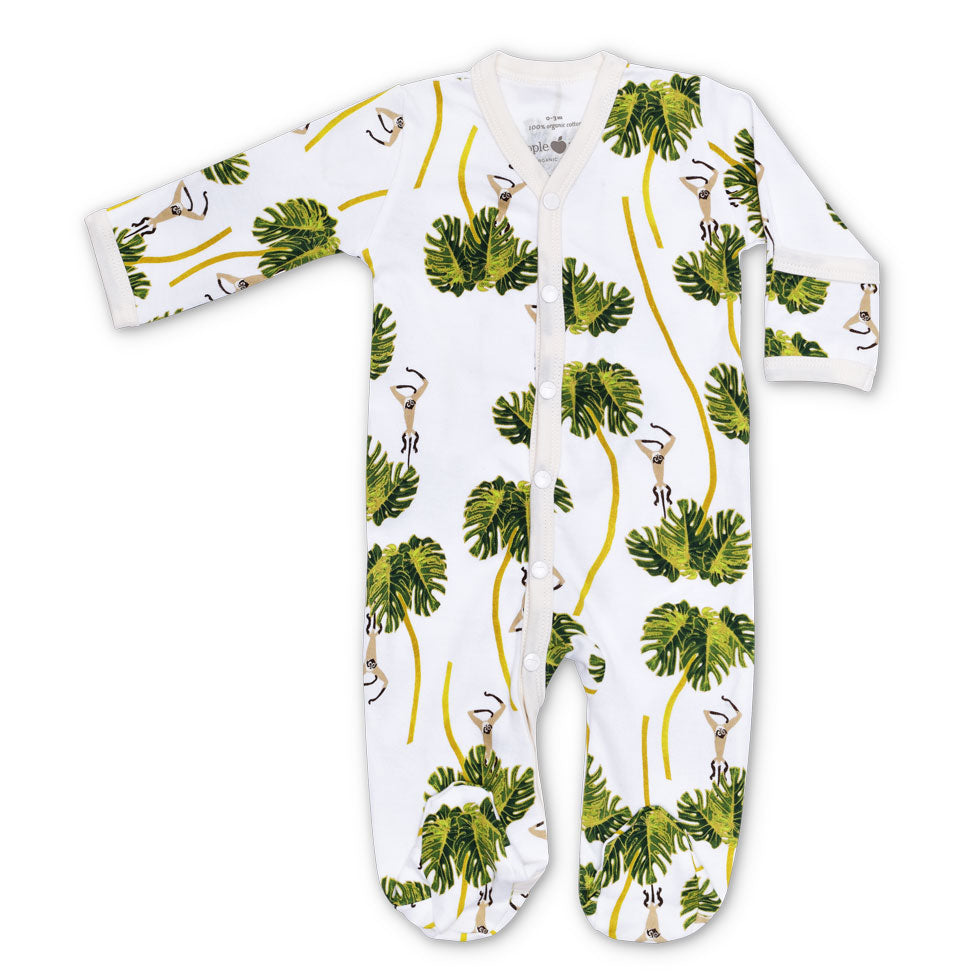 Lala Curio Long Sleeve Footie - Dancing Palms White